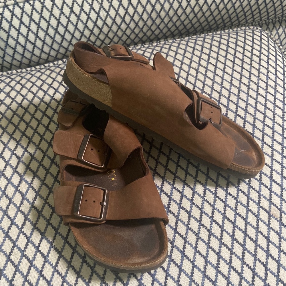 Brown Birkenstocks with heel strap